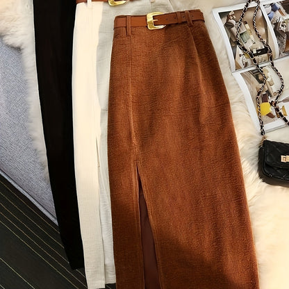 Women’s 3-Piece High-Waisted Ribbed Skirt Set – Black, Beige & Light Brown Long Skirts with Golden Belt Accents for Casual or Dressy All-Season Wear