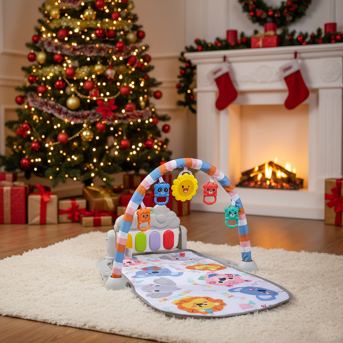 Animal-Themed Baby Fitness Rack Toy – Musical Pedal Piano Play Mat with Soft Blanket, Perfect for 0–12M Toddlers & Holiday Gifts