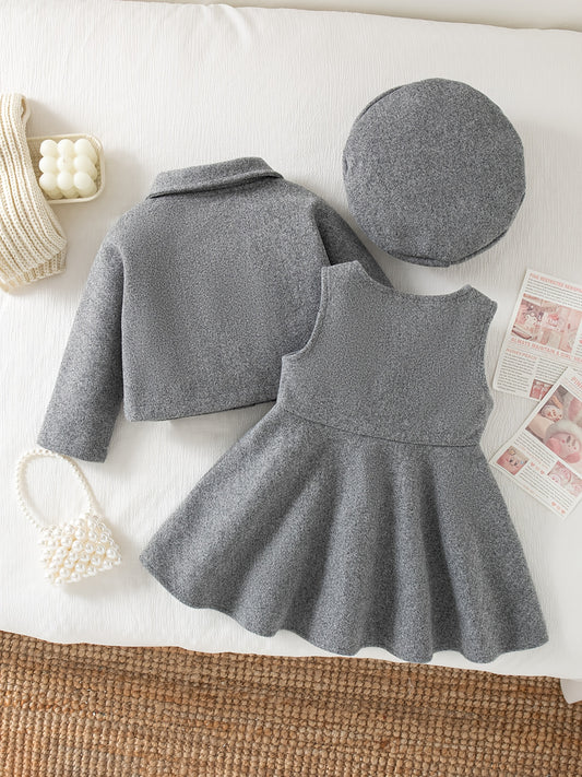 3-Piece Winter Baby Dress Set – Jacket, Vest Dress & Matching Hat with Bow and Button Details, Soft Cozy Outfit for 1st Birthdays & Christenings (Grey)