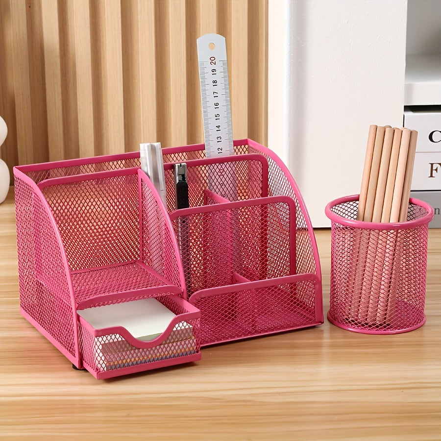 2-Piece Mesh Desk Organizer Set with Sticky Note Holder – Expandable Rustproof Iron Caddy for Home, Office & School Supplies (Black, Green, Pink, Purple)