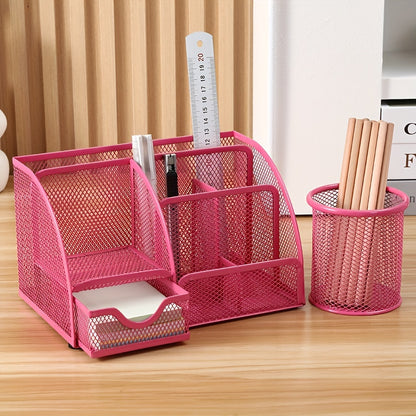 2-Piece Mesh Desk Organizer Set with Sticky Note Holder – Expandable Rustproof Iron Caddy for Home, Office & School Supplies (Black, Green, Pink, Purple)