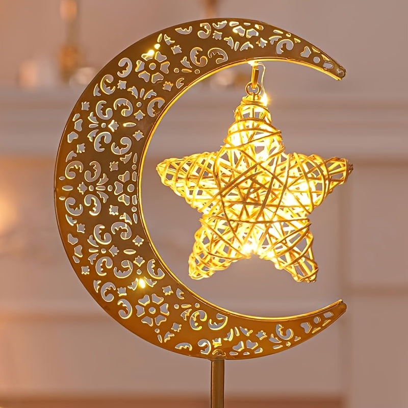 [Boho Star Night Light] Shenzhi Tech Star & Moon Metal Rattan Night Light | Decorative LED Lamp with Golden Crescent Moon & Star Design, Perfect for Bedroom, Kitchen Table, or Desk Decor, Boho Home Ambient Lighting, Table Lam