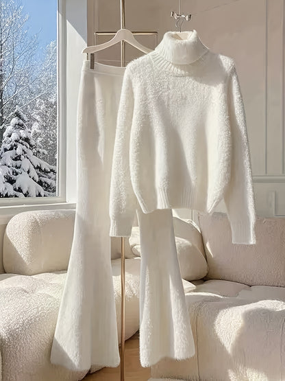 New Arrival Women’s High-Neck Top & Flared Pants Set – Chic White High-End Fashion Outfit