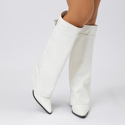 Women's Western Cowboy Boots – Chunky Heel, Pointed Toe, Buckle Detail & Slip-Resistant Sole, Stylish All-Season White Boots