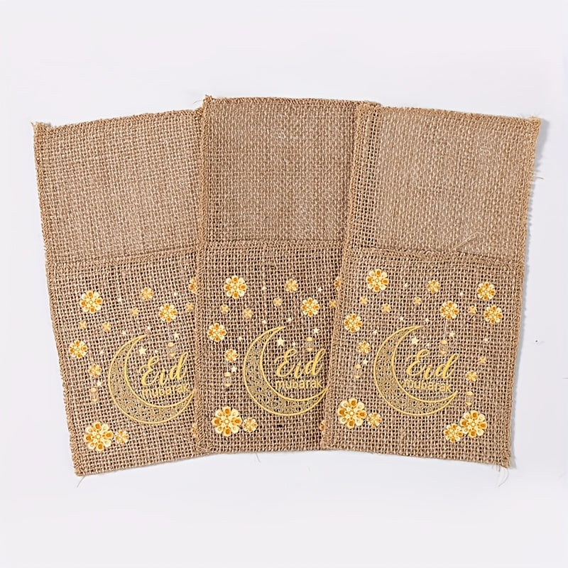 Set of 5 Burlap Bags Featuring Flowers, Perfect for Eid And Ramadan. These Bags Can Hold Knives And Forks And Serve As Festive Decorations for Your Home, Ideal for Islamic Muslim Gatherings And Tableware