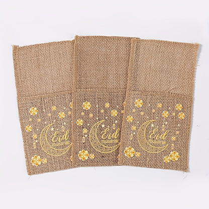 Set of 5 Burlap Bags Featuring Flowers, Perfect for Eid And Ramadan. These Bags Can Hold Knives And Forks And Serve As Festive Decorations for Your Home, Ideal for Islamic Muslim Gatherings And Tableware