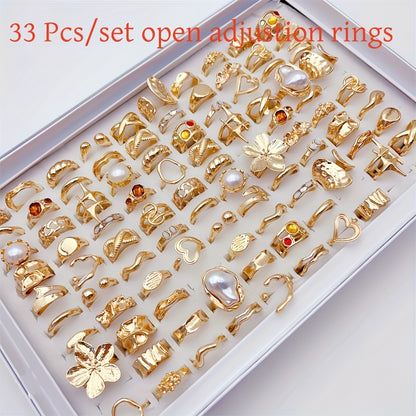 33-Piece Large Flower Ring Set for Women – Mixed Hollow Designs with Colorful Rhinestones & Irregular Heart Shapes, Perfect for Parties & Friendship Gifts