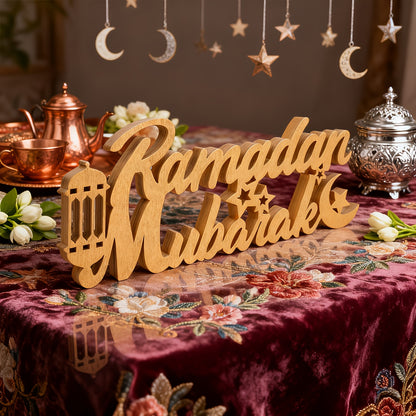 This Set of 2pcs Features Golden Wooden Decorations for Ramadan And Eid, Incorporating Symbols of Both "Ramadan Mubarak" And "Eid Mubarak." It Covers The Entire Period from Ramadan Blessings to Eid Celebrations, Suitable for