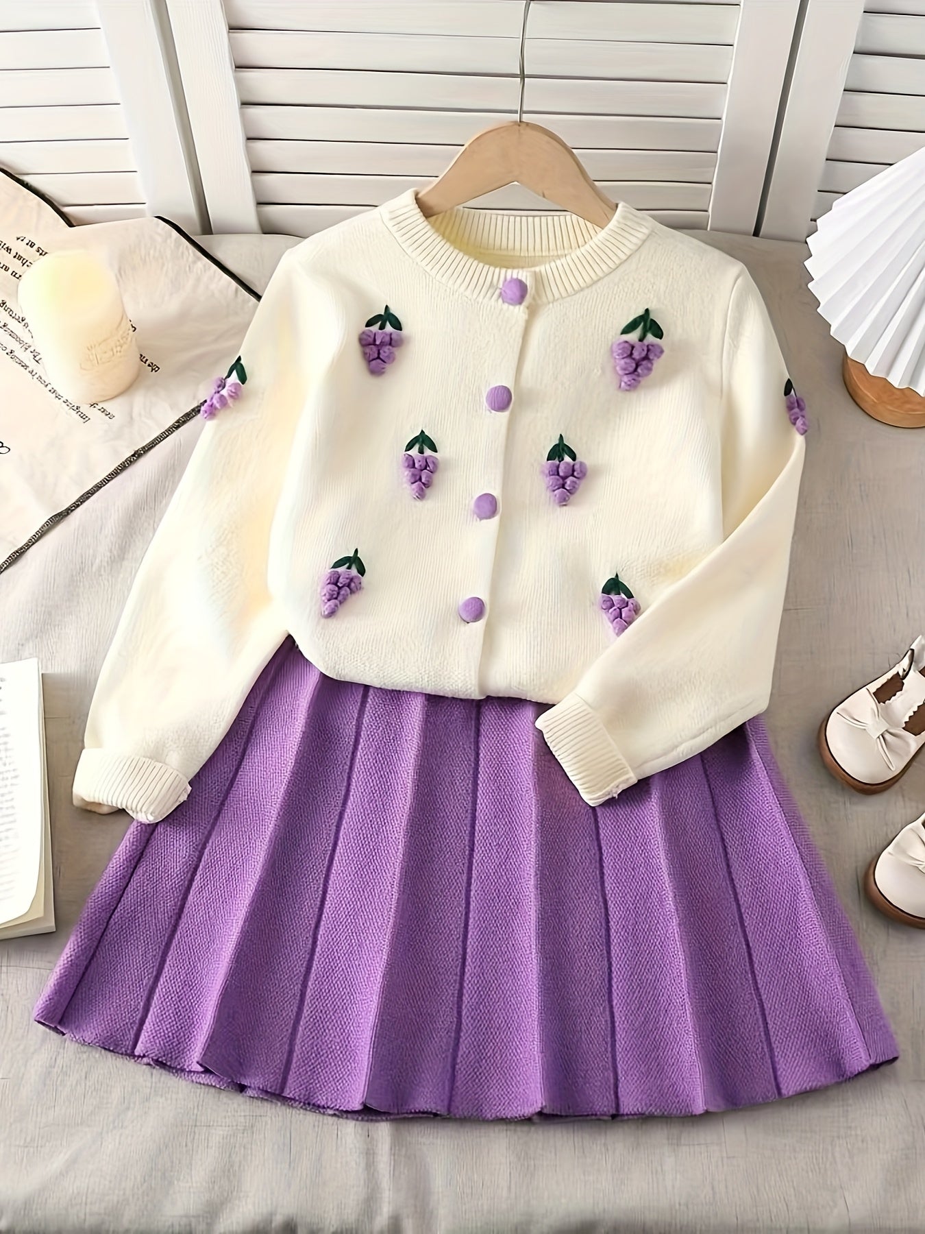 Girls’ 2-Piece Furry Fruit Sweater & Pleated Skirt Set – Cozy Purple Knitwear Outfit for Daily Wear or Parties in Autumn/Winter