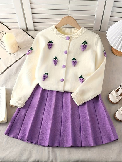 Girls’ 2-Piece Furry Fruit Sweater & Pleated Skirt Set – Cozy Purple Knitwear Outfit for Daily Wear or Parties in Autumn/Winter