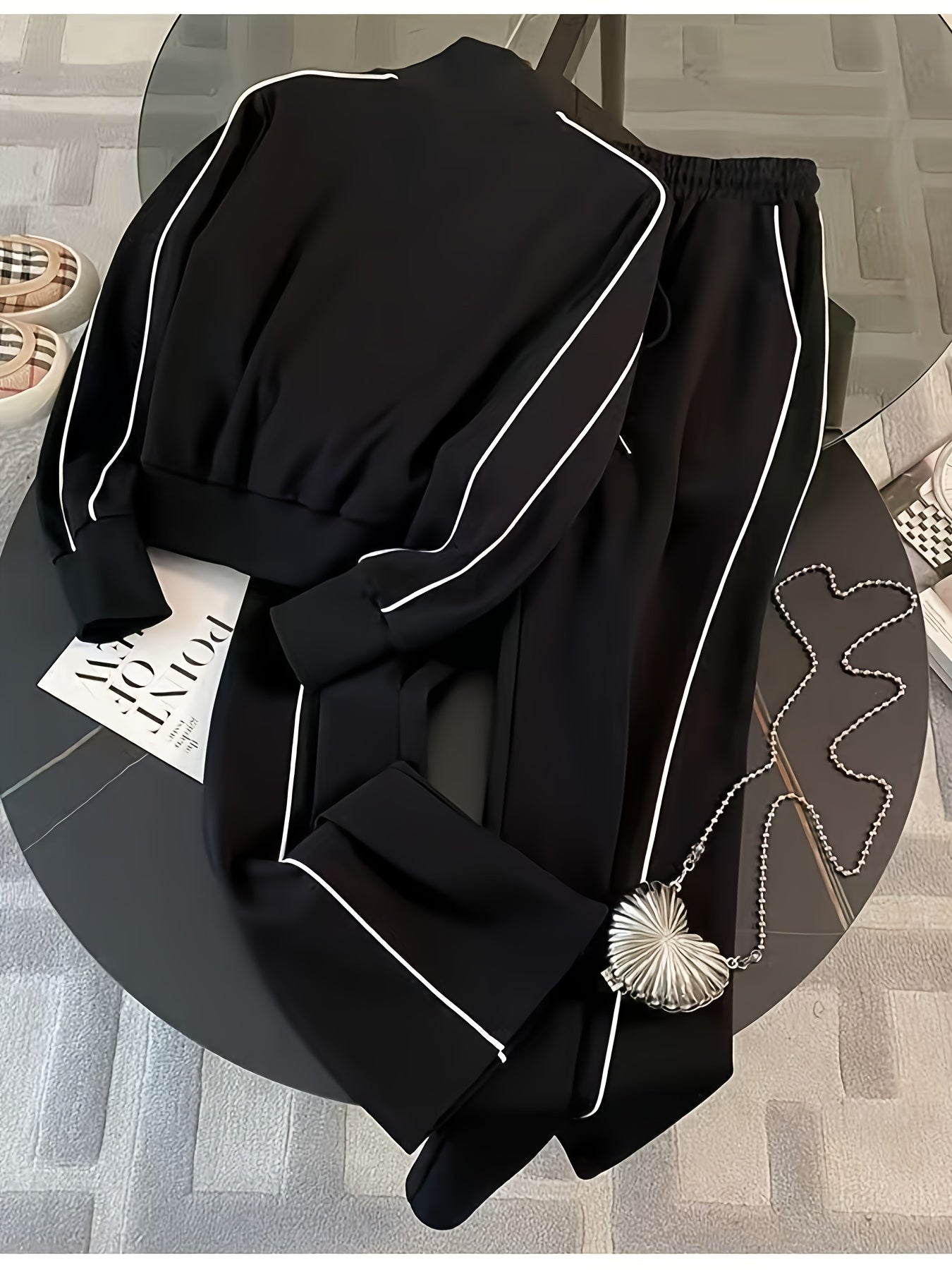 طقم نسائي من قطعتين، جاكيت بسحاب متعدد الألوان وبنطلون برباط، مناسب للربيع والخريف