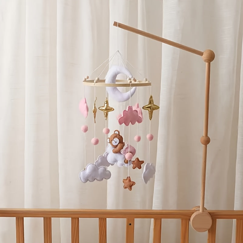 Handmade Baby Sheep & Moon-Star Crib Mobile – Soft Pastel Pink Hanging Nursery Bell with Soothing Sound, Sensory Activity Toy & Baby Shower Gift