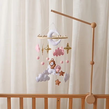 Handmade Baby Sheep & Moon-Star Crib Mobile – Soft Pastel Pink Hanging Nursery Bell with Soothing Sound, Sensory Activity Toy & Baby Shower Gift