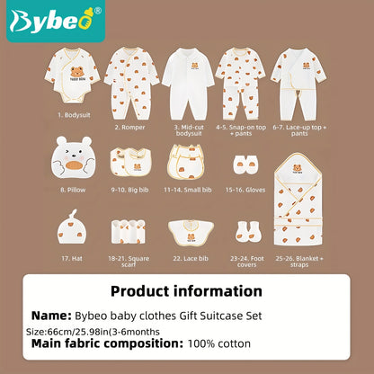 26-Piece Newborn Baby Clothing & Accessories Set – Soft Cotton White/Beige Layette with Brown Bear Designs, All-Season Unisex Gift Collection