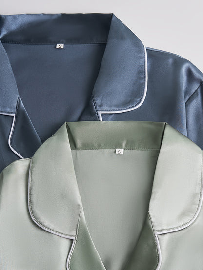 Women’s 2-Set Satin Pajama Collection – Long-Sleeve & Long-Pants Solid Color Sleepwear with Turned Collar and Elegant Button Detailing for Autumn/Winter