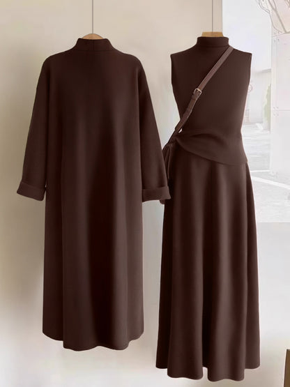 Women’s Elegant 3-Piece Outfit Set – Long Cardigan Jacket, High-Neck Vest & Skirt, Solid Color Chic Ensemble for Casual or Formal Events