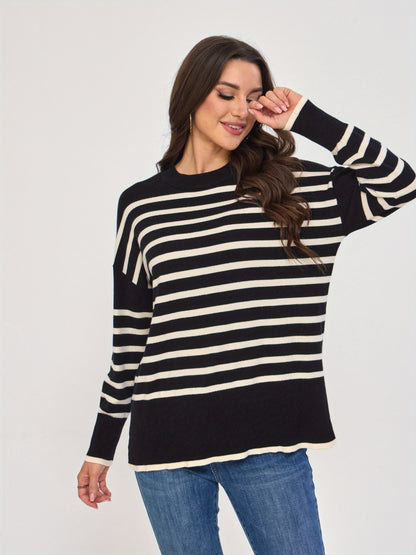 سترة نسائية شتوية دافئة مخططة - بلوزة محبوكة بأكمام طويلة ورقبة دائرية باللونين الأسود والأبيض، سترة أنيقة قابلة للتمدد مع الجينز والسراويل الضيقة