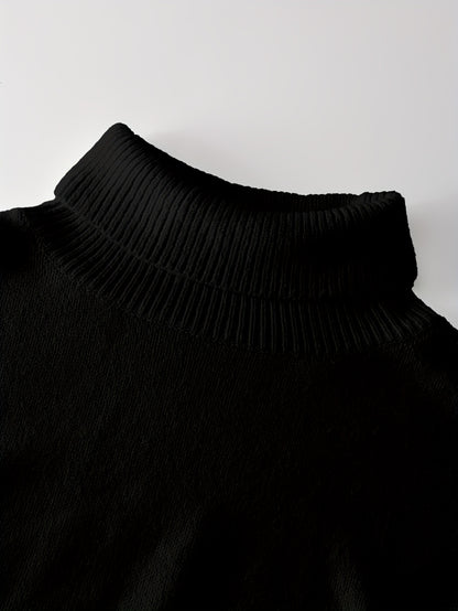 طقم ملابس تريكو نسائي لفصل الخريف والشتاء - فستان طويل فضفاض مع سترة بياقة عالية، بلون واحد