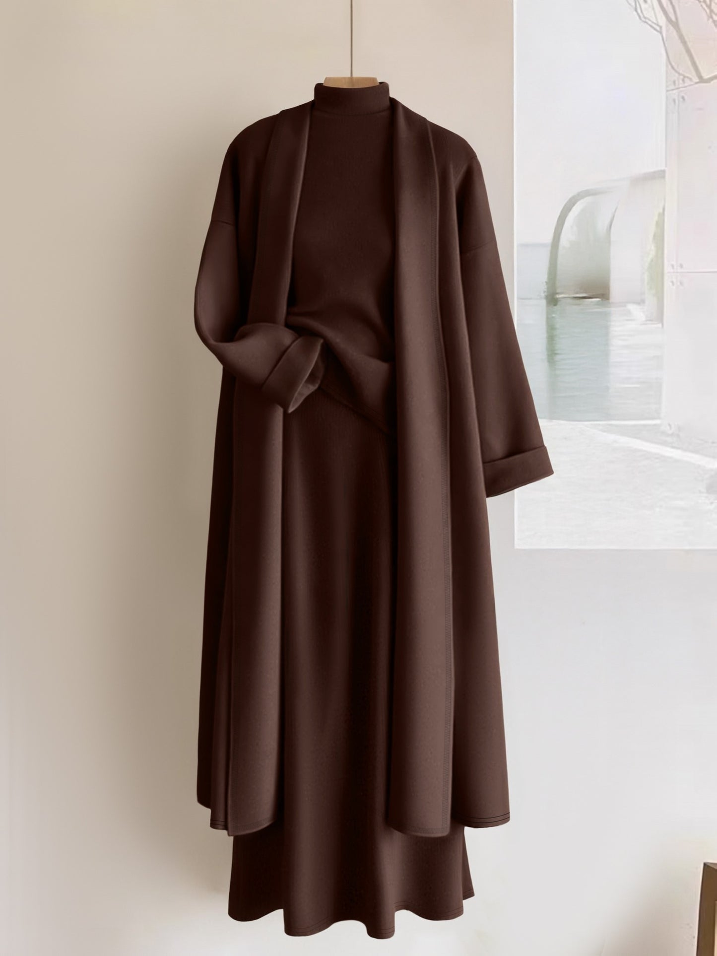 Women’s Elegant 3-Piece Outfit Set – Long Cardigan Jacket, High-Neck Vest & Skirt, Solid Color Chic Ensemble for Casual or Formal Events