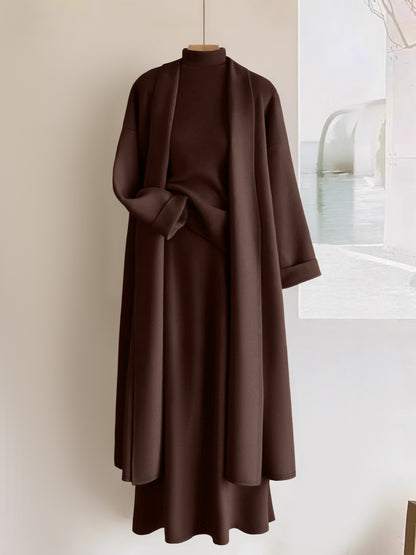 Women’s Elegant 3-Piece Outfit Set – Long Cardigan Jacket, High-Neck Vest & Skirt, Solid Color Chic Ensemble for Casual or Formal Events