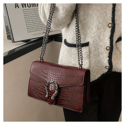 Women’s Luxury Crocodile-Embossed Crossbody Bag – Vintage Faux Leather Shoulder Purse with Adjustable Chain Strap, Zipper & Snap Closure, G-Style Design