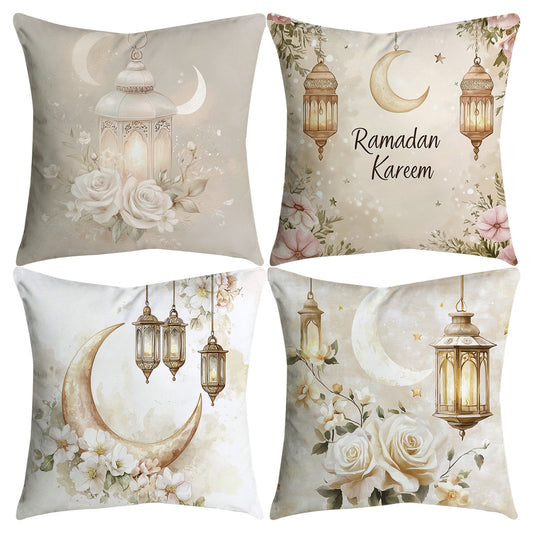 4 أغطية وسائد رمضانية أنيقة، مقاس 45.72 × 45.72 سم - بتصاميم النجوم والقمر والفوانيس الزهرية بألوان باستيل ناعمة، مصنوعة من البوليستر، مزودة بسحاب، مناسبة للأريكة وديكور المنزل، قابلة للغسل في الغسالة.