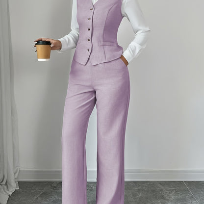 Women’s Sleeveless Cinched-Waist Vest & High-Waisted Wide-Leg Pants Set – Elegant Solid-Color Summer Two-Piece Outfit