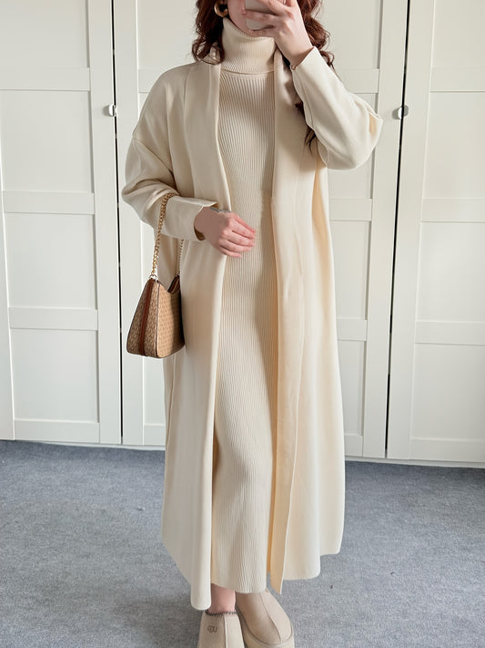 Women’s Autumn-Winter Chic Solid Color Long Sleeve Jacket & Round Neck Maxi Dress Set