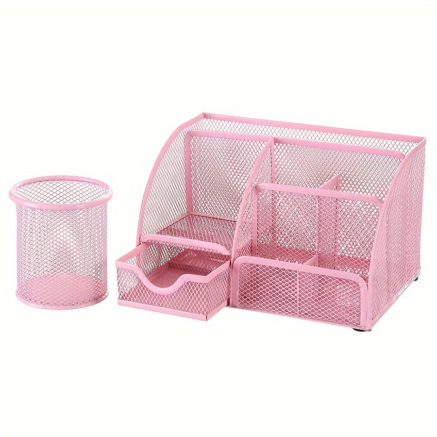 2-Piece Mesh Desk Organizer Set with Sticky Note Holder – Expandable Rustproof Iron Caddy for Home, Office & School Supplies (Black, Green, Pink, Purple)