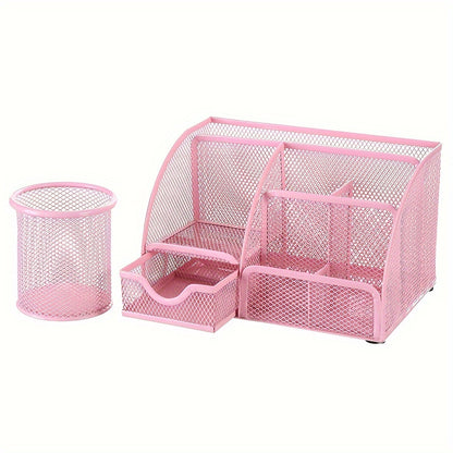 2-Piece Mesh Desk Organizer Set with Sticky Note Holder – Expandable Rustproof Iron Caddy for Home, Office & School Supplies (Black, Green, Pink, Purple)