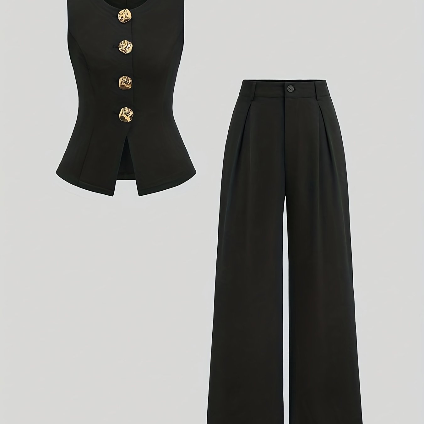 Women’s Elegant Waist-Cinching Vest & Wide-Leg Pants Set – Solid Button-Up Two-Piece Outfit for Office or Casual Wear