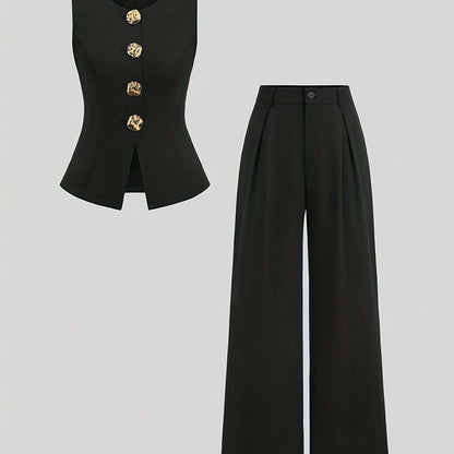 Women’s Elegant Waist-Cinching Vest & Wide-Leg Pants Set – Solid Button-Up Two-Piece Outfit for Office or Casual Wear