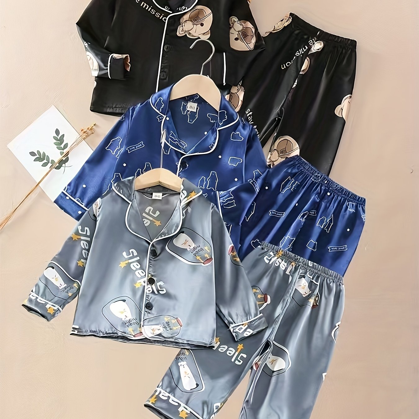 3 Sets (6pcs) Boys’ Cartoon Long-Sleeve Pajama Sets – Casual Non-Stretch Animal Print Sleepwear with Button Front & Cardigan Collar for Spring/Summer/Fall