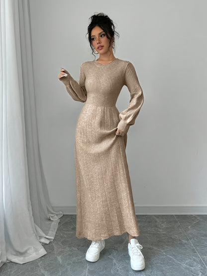 Elegant Beige High-Neck Sweater Dress with Lantern Sleeves – Long Ribbed Knit Dress for Fall & Winter, Casual Chic Women’s Fashion