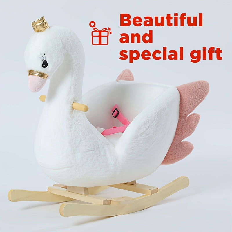 White Swan-Themed Rocking Horse – Soft Rocking Pony with Safety Belt, Sturdy Frame & One-Button Operation, Ideal Infant Learning Toy & Gift