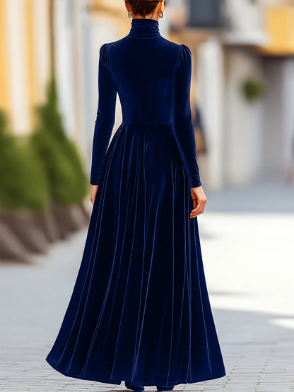 Women’s Elegant Navy Velvet Long Sleeve Evening Dress – High Neck A-Line Formal Gown with Zipper Back, Perfect for Weddings, Galas & Parties