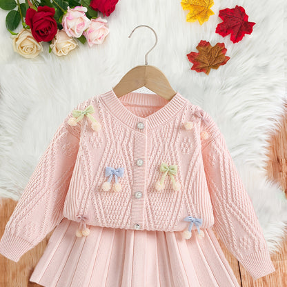 Girls’ Adorable Knit Cardigan & Pleated Skirt Set – Cozy Winter 2-Piece Outfit for Toddlers & Kids (8M–8Y)