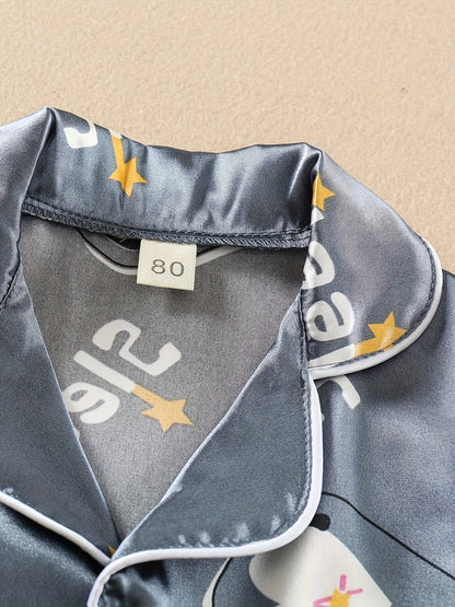 3 Sets (6pcs) Boys’ Cartoon Long-Sleeve Pajama Sets – Casual Non-Stretch Animal Print Sleepwear with Button Front & Cardigan Collar for Spring/Summer/Fall