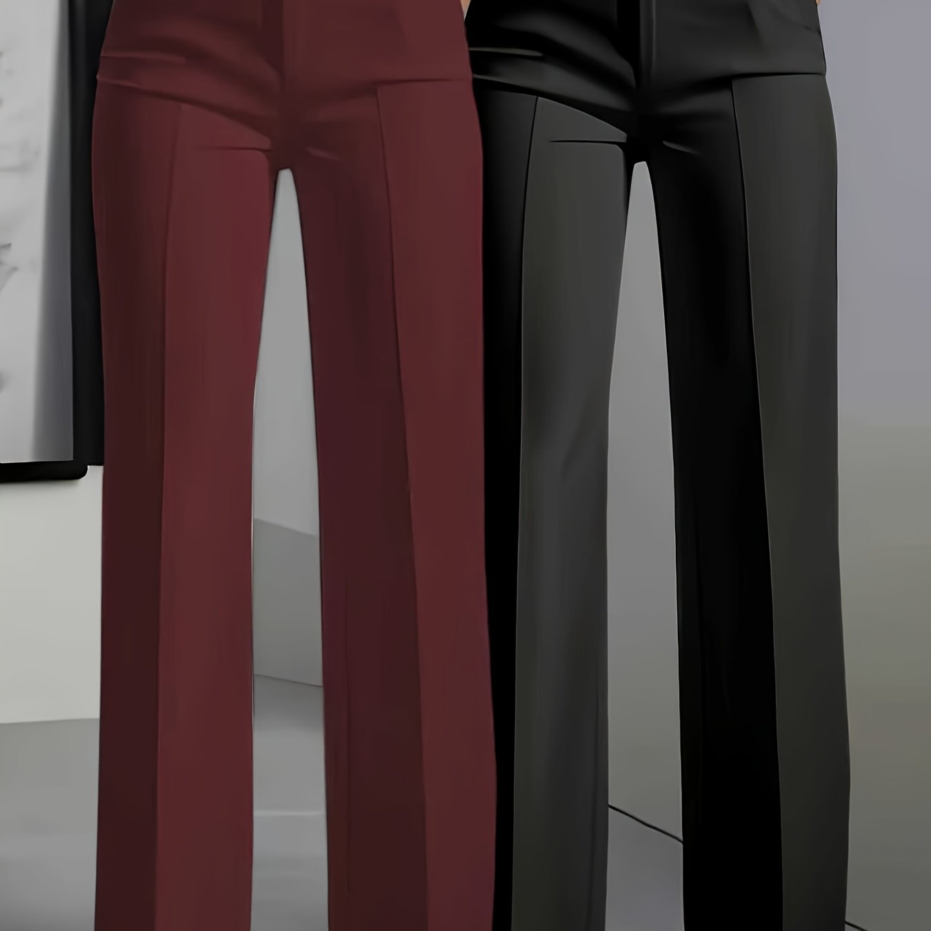 Women’s 2-Piece Elegant Straight-Leg Trousers Set – Solid Burgundy & Black Office Pants with Pockets, Wrinkle-Resistant, All-Season Formal & Casual Wear