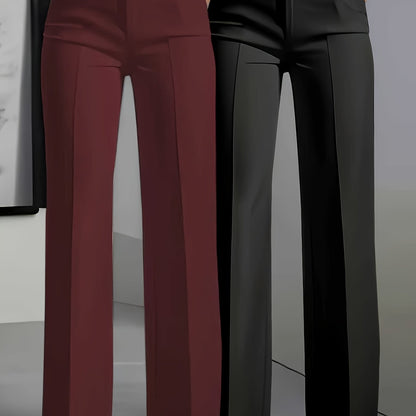 Women’s 2-Piece Elegant Straight-Leg Trousers Set – Solid Burgundy & Black Office Pants with Pockets, Wrinkle-Resistant, All-Season Formal & Casual Wear