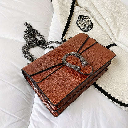 Women’s Luxury Crocodile-Embossed Crossbody Bag – Vintage Faux Leather Shoulder Purse with Adjustable Chain Strap, Zipper & Snap Closure, G-Style Design