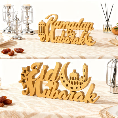 This Set of 2pcs Features Golden Wooden Decorations for Ramadan And Eid, Incorporating Symbols of Both "Ramadan Mubarak" And "Eid Mubarak." It Covers The Entire Period from Ramadan Blessings to Eid Celebrations, Suitable for
