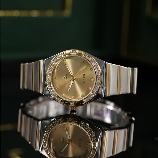 Women’s Luxury Stainless Steel Quartz Watch – Golden-Tone Dial with Crystal Accents, Elegant Round Case for Daily Wear or Special Occasions