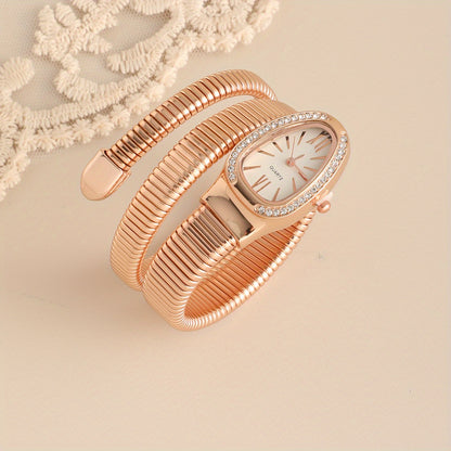 Women’s Snake-Shaped Wrap Watch with Crystals – Elegant Golden & Rose Gold Metal Band, Oval Dial, Quartz Movement, Sophisticated Fashion Timepiece