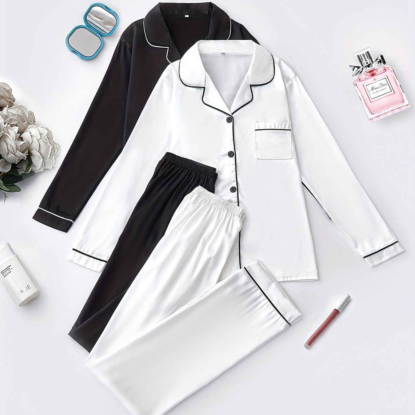 Women’s 2-Set Satin Pajama Collection – Long-Sleeve & Long-Pants Solid Color Sleepwear with Turned Collar and Elegant Button Detailing for Autumn/Winter