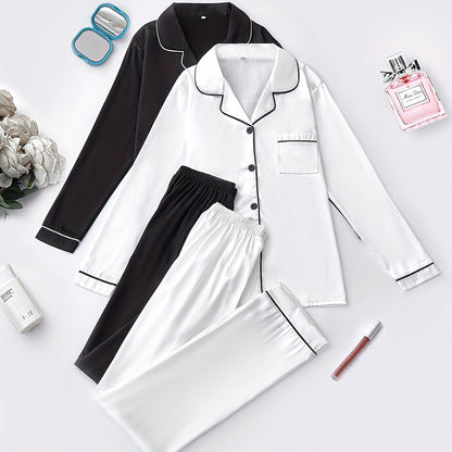 Women’s 2-Set Satin Pajama Collection – Long-Sleeve & Long-Pants Solid Color Sleepwear with Turned Collar and Elegant Button Detailing for Autumn/Winter