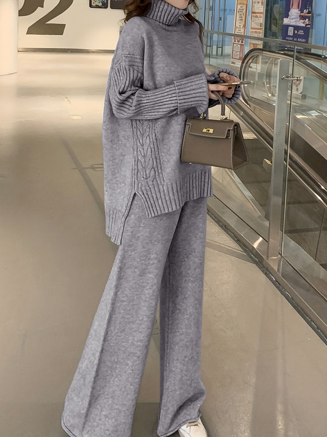 Autumn & Winter Sweater Set – Elegant High-Neck Top with Wide-Leg Pants, Solid Color Casual Chic Outfit