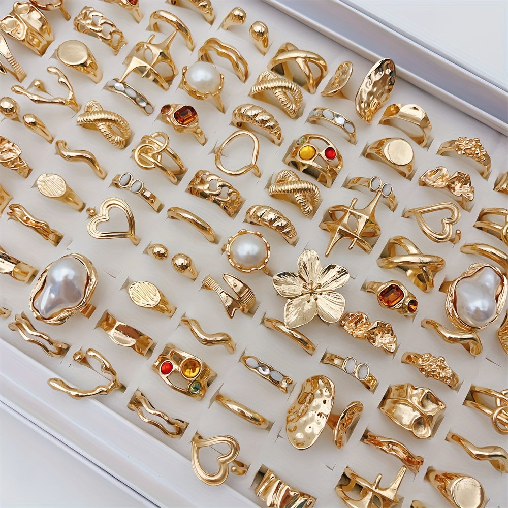 33-Piece Large Flower Ring Set for Women – Mixed Hollow Designs with Colorful Rhinestones & Irregular Heart Shapes, Perfect for Parties & Friendship Gifts