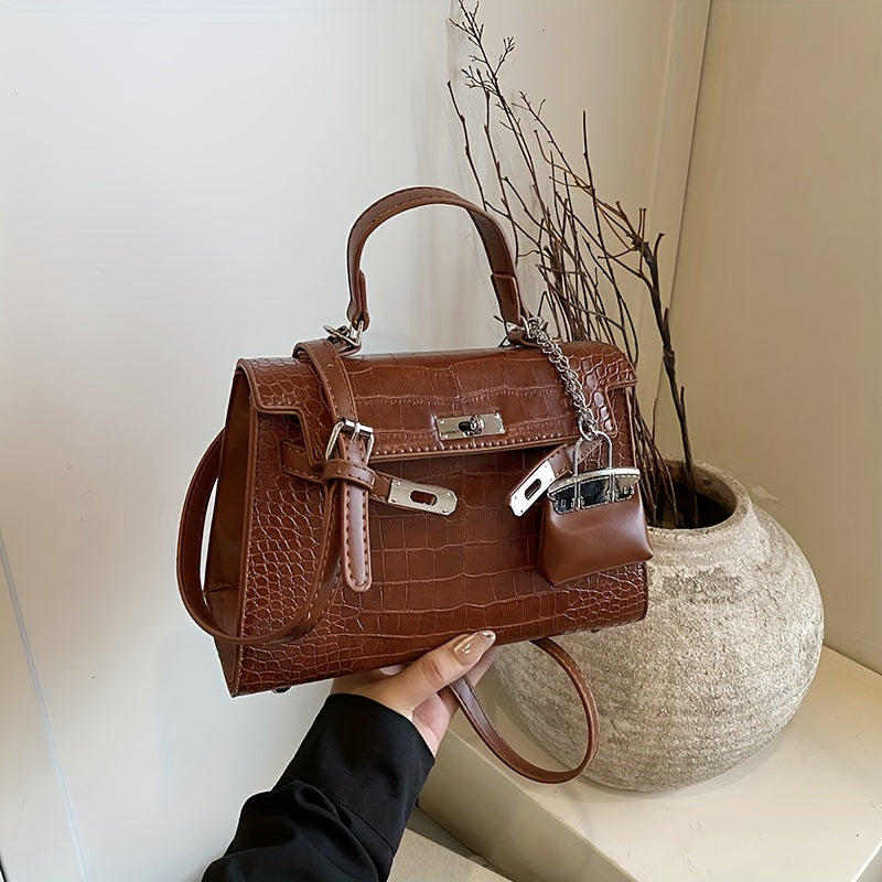 Women’s Luxury Alligator-Texture Handbag – Adjustable Crossbody Strap, Golden-Tone Hardware, Turn-Lock Closure & Reinforced Top Handle, European Collection (Deep Brown/White/Black)