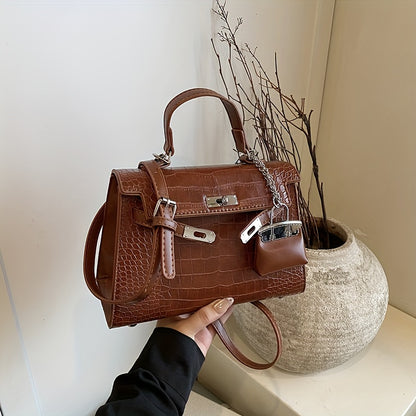 Women’s Luxury Alligator-Texture Handbag – Adjustable Crossbody Strap, Golden-Tone Hardware, Turn-Lock Closure & Reinforced Top Handle, European Collection (Deep Brown/White/Black)